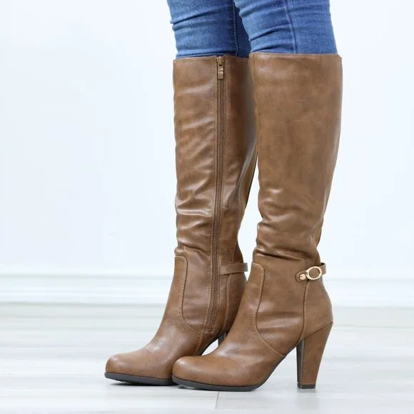 Tan Below The Knee Faux Leather Boots Round Toe Classy Cone Heeled - Picture 13 of 14